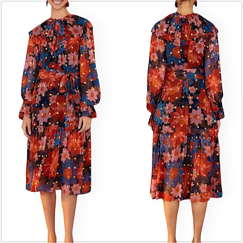 Farm Rio Navy Garden Lenzing Ecovero Viscose Midi Dress Blue Floral NWT New XL - Picture 2 of 8